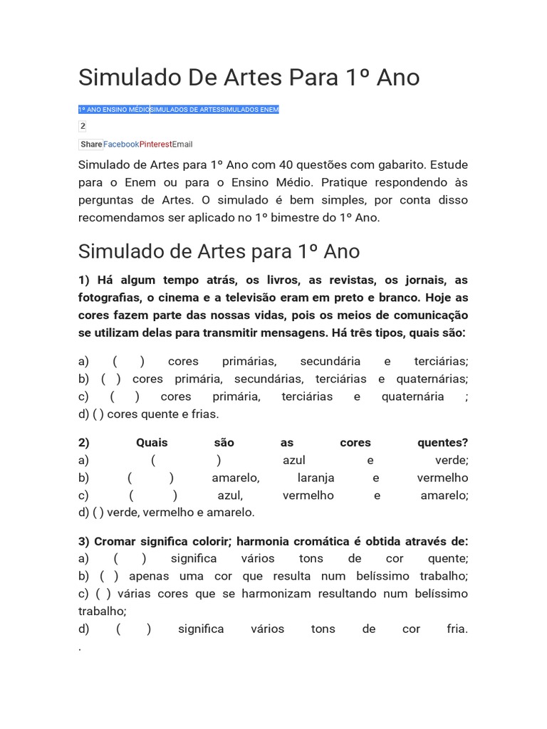 Simulado de Artes para 1º Ano | PDF