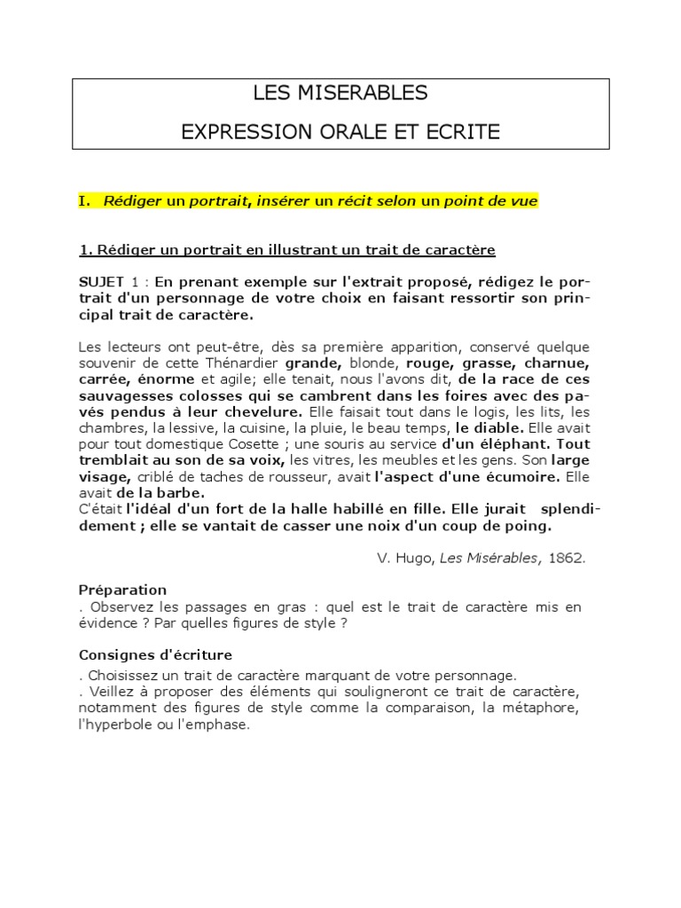 Questionnaire Les Misérables Avec Correction Pdf 4° Les Misérables Ecriture | PDF | Les misérables | Cosette