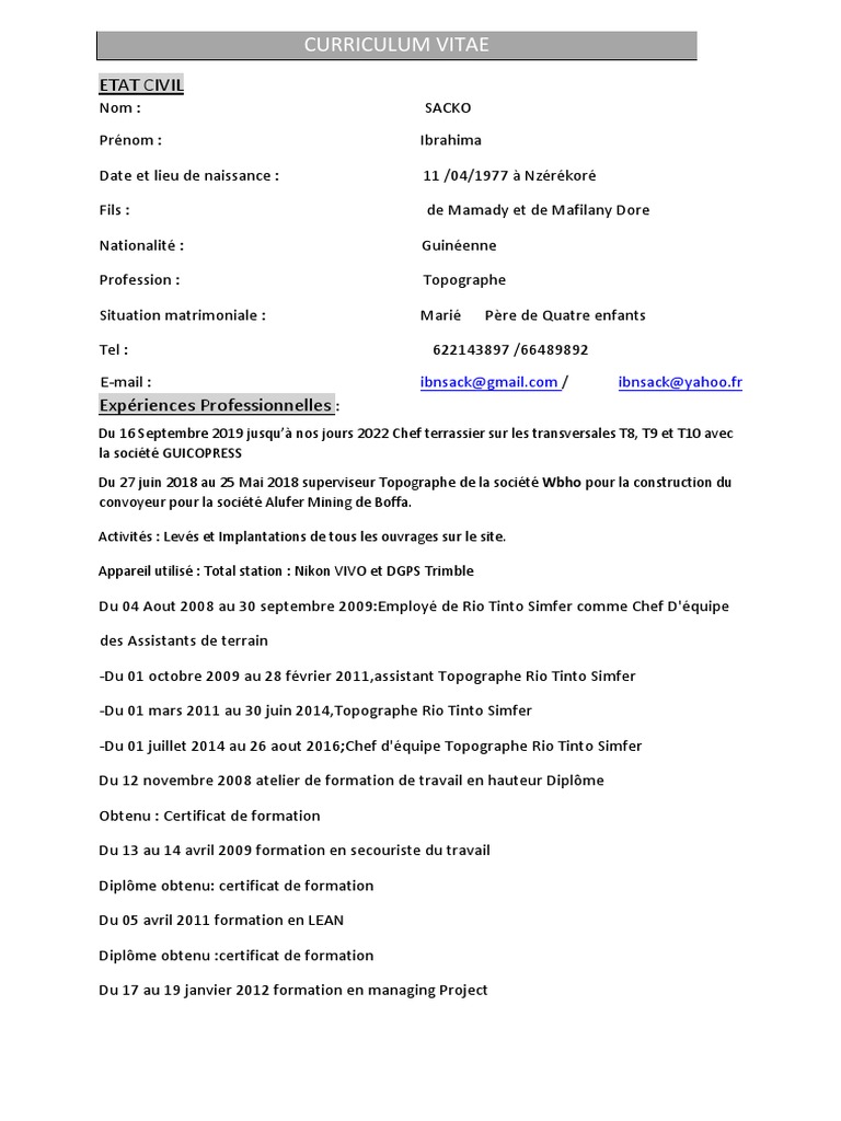 CV Ibrahima Sacko, Topographe Expert | PDF