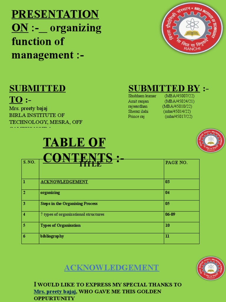 Presentation on organizing function of management submitted to