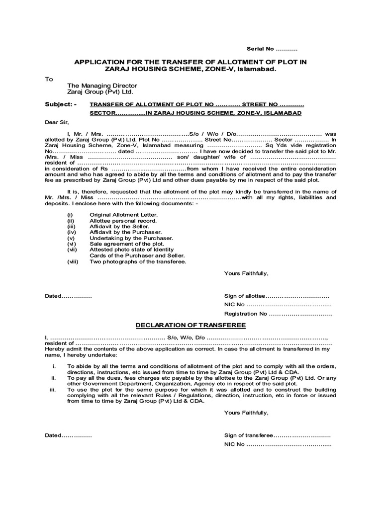 Plot Allotment Transfer Application | PDF