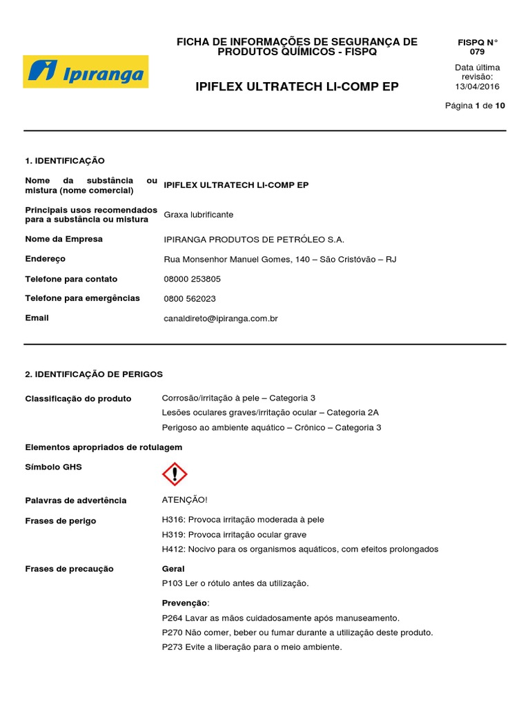 FISPQ - Ipiranga IPIFLEX ULTRATECH LI-COMP EP Graxa Lubrificante PDF ...