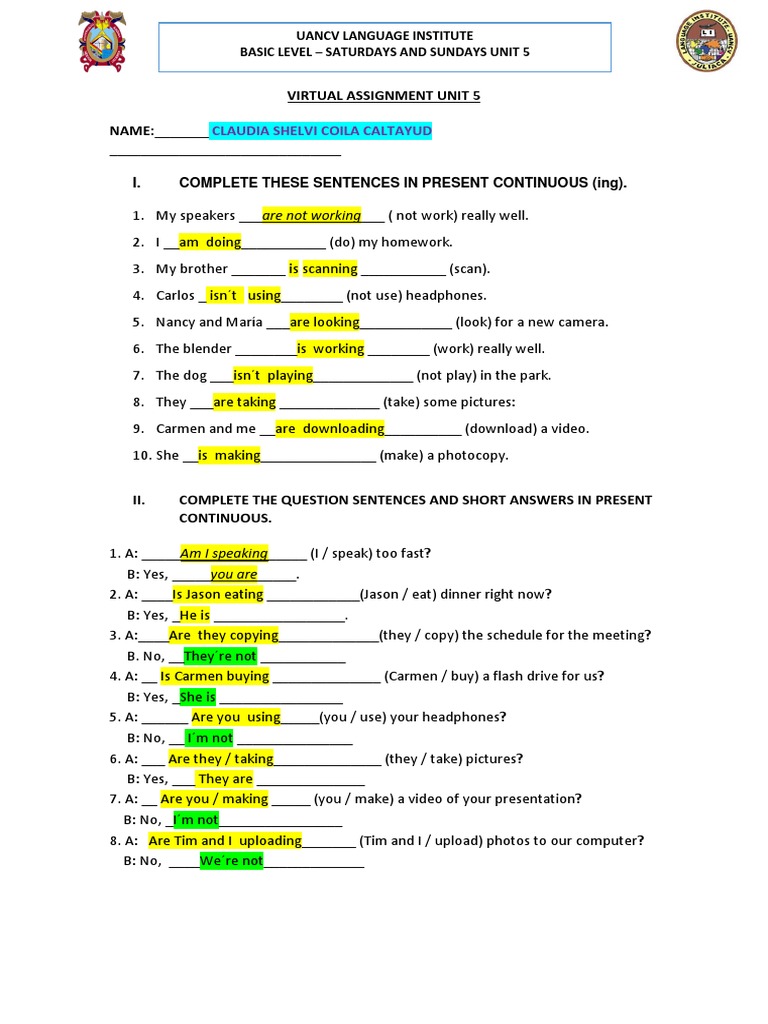Virtual Assignment: Present Continuous | PDF