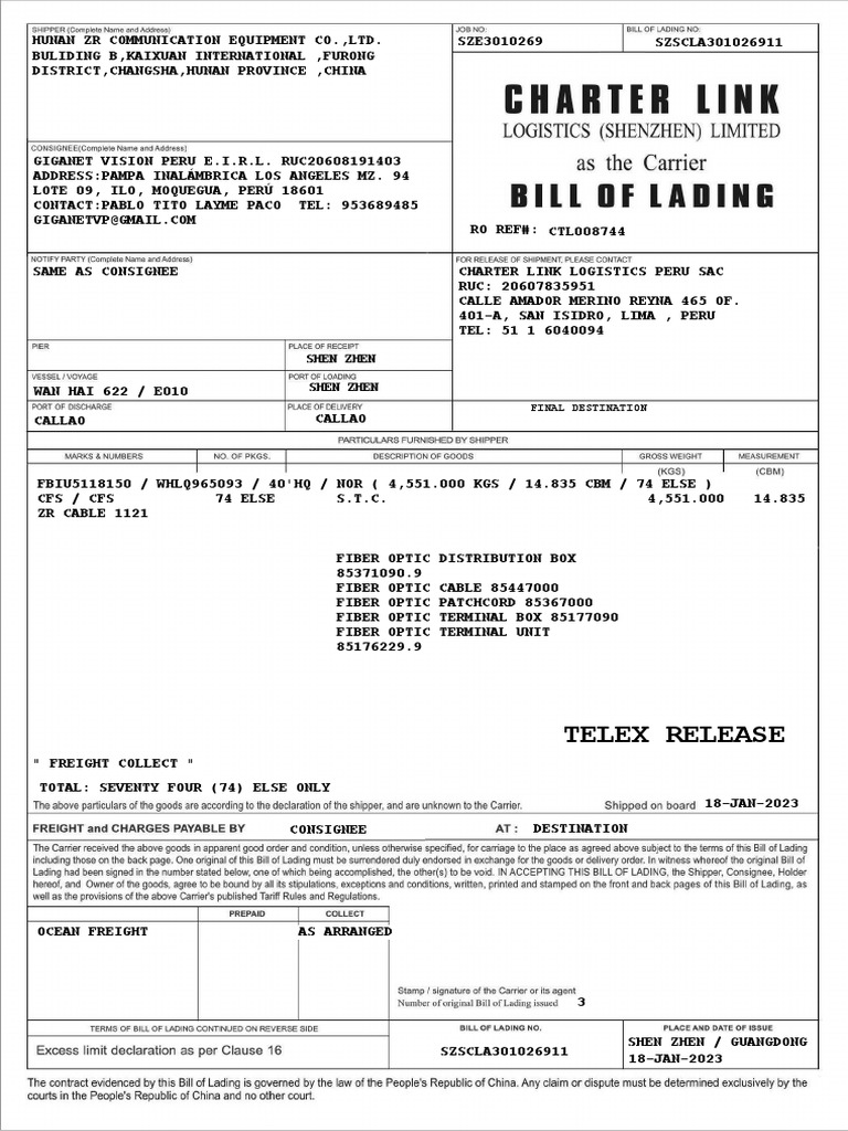 Telex Release for Fiber Optic Shipment | PDF