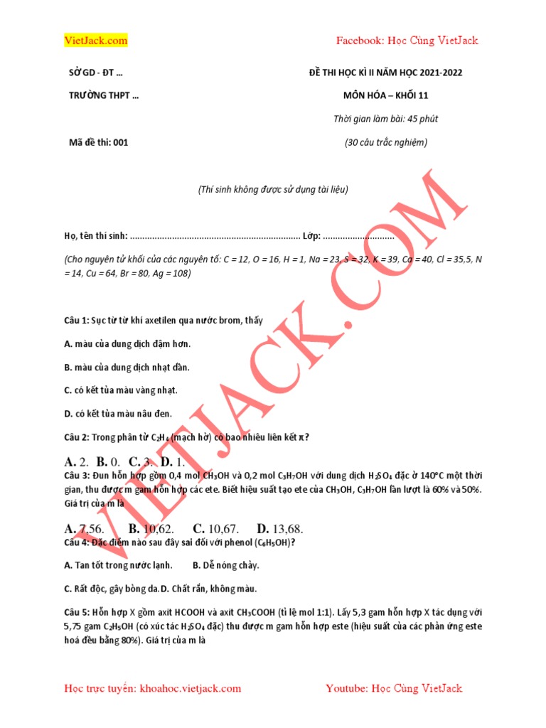 De Thi Hoc Ki 2 Hoa Hoc Lop 11 Co Dap An dtvj2022 PDF | PDF
