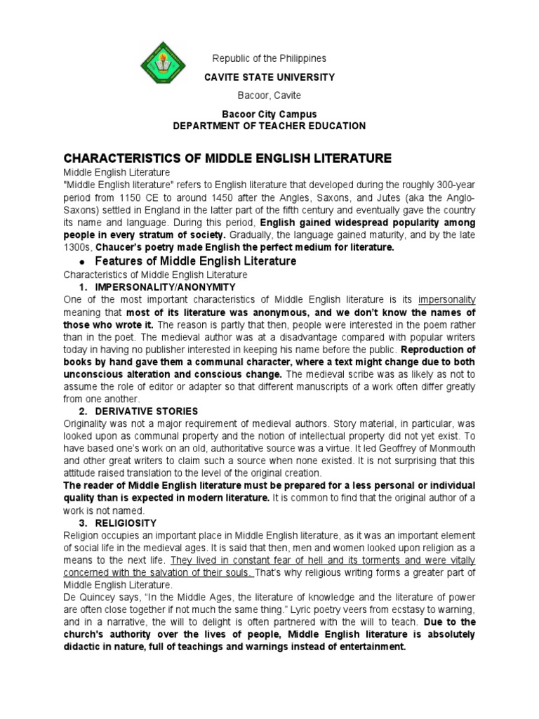 Characteristics of Literary Periods PDF Chivalric Romance English