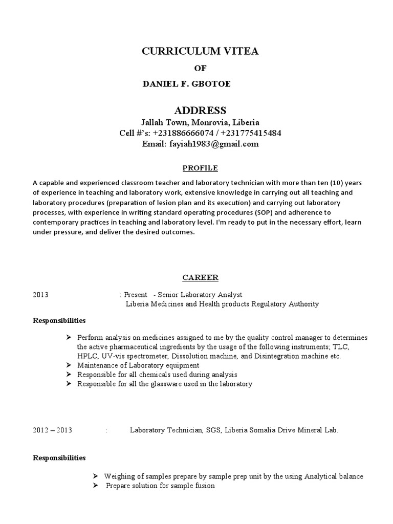 Curriculum Vitae of Daniel F. Gbotoe | PDF