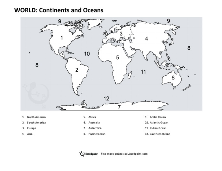 World Oceans Continents Numbered Labeled | PDF