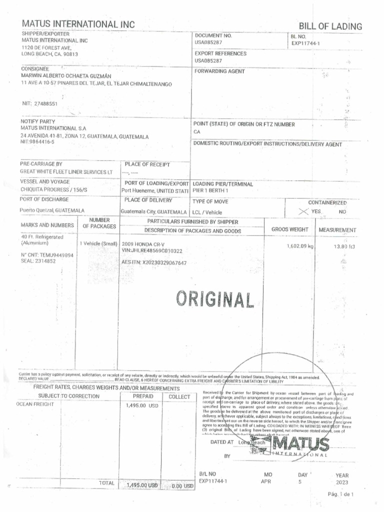 Ejemplo Bill of Lading PDF PDF