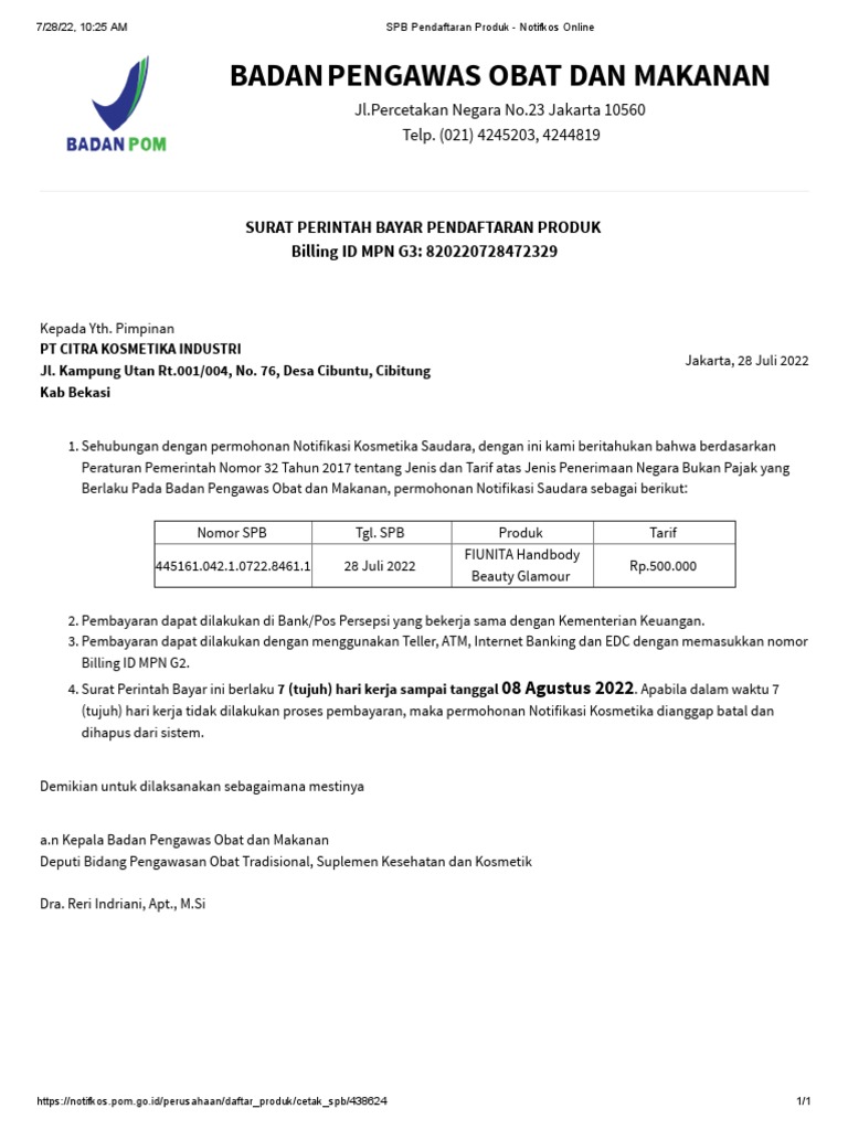 SPB Pendaftaran Produk FIUNITA PDF | PDF