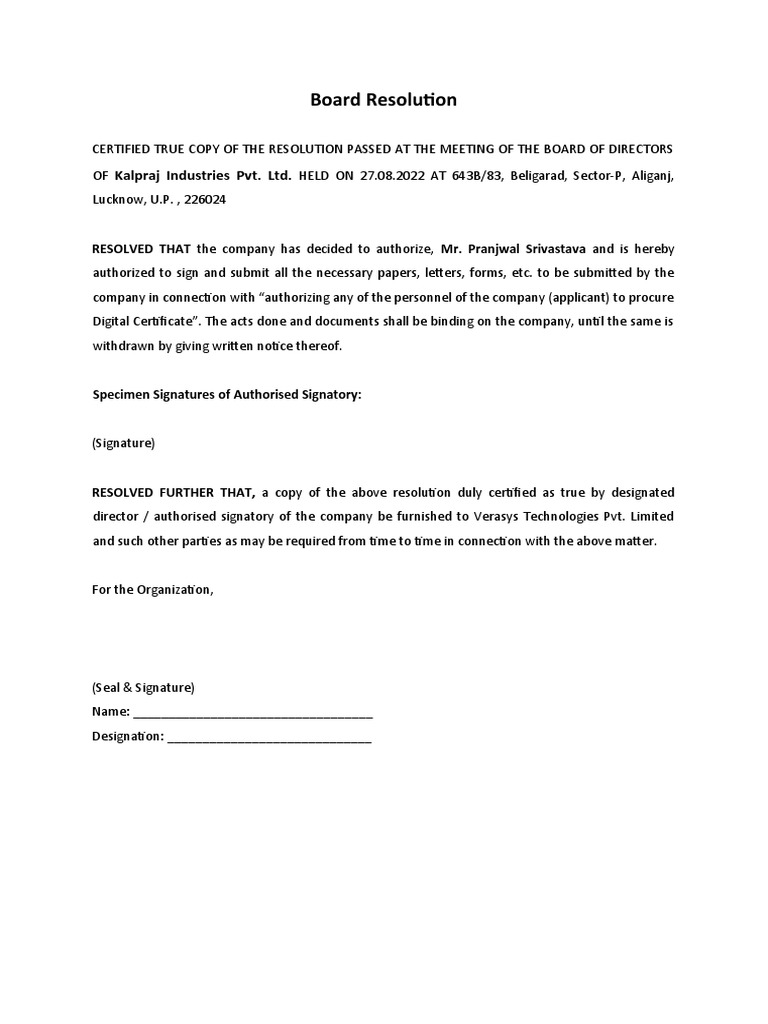 Board Resolution for Digital Certificate | PDF