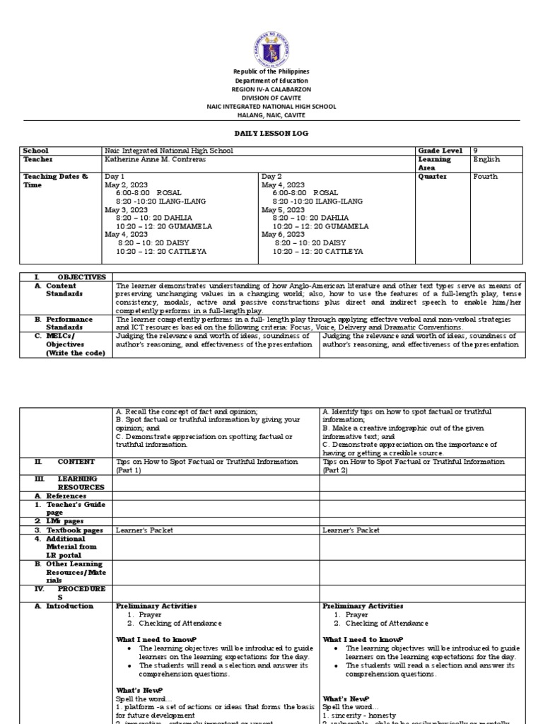 Daily Lesson Log for Grade 9 English | PDF