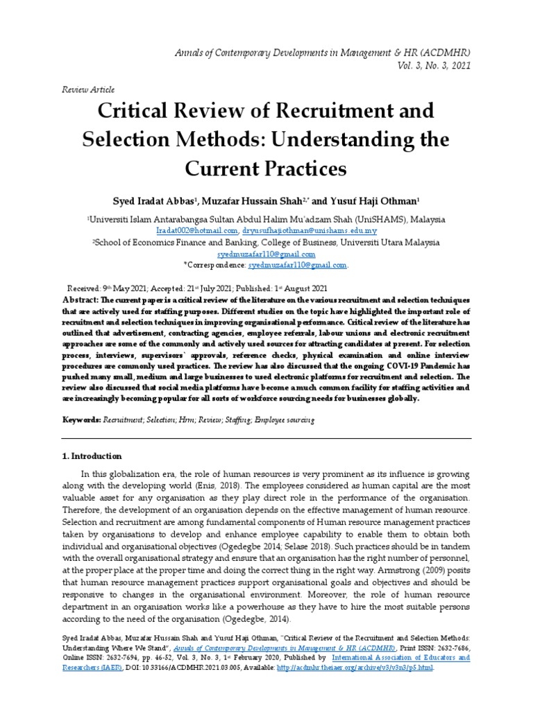 Critical Review of Recruitment and Selection Metho PDF | PDF ...