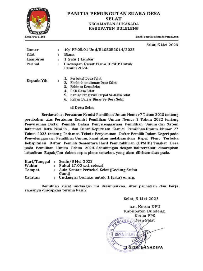 Undangan Rapat Pleno DPSHP Desa Selat PDF | PDF