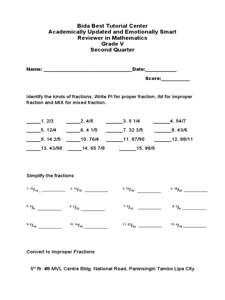 Grade V Mathematics Fraction Review | PDF
