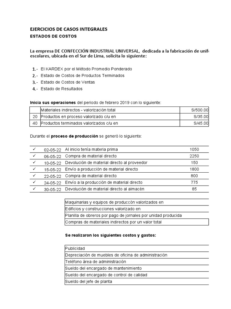 Ejercicios de Costos y Estados Financieros | PDF | Estado de resultados ...