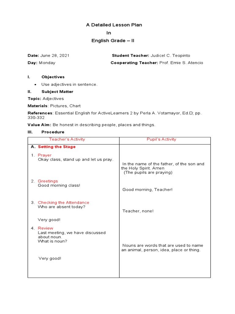 Grade 2 Lesson Plan on Adjectives | PDF | Adjective | Noun