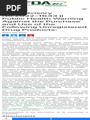 list of fda-approved glutathione 2019 FDA Warning on Unregistered Drip Products | PDF | Food And Drug  Administration