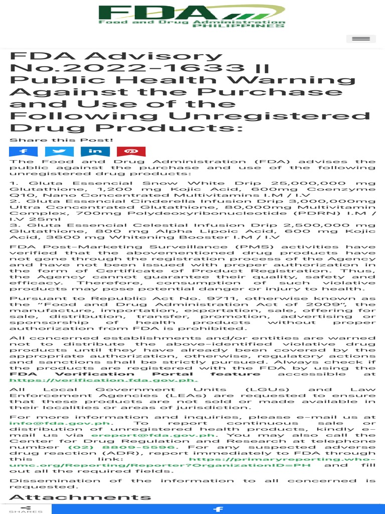 glutathione in parkinson's disease FDA Warning on Unregistered Drip Products | PDF | Food And Drug  Administration