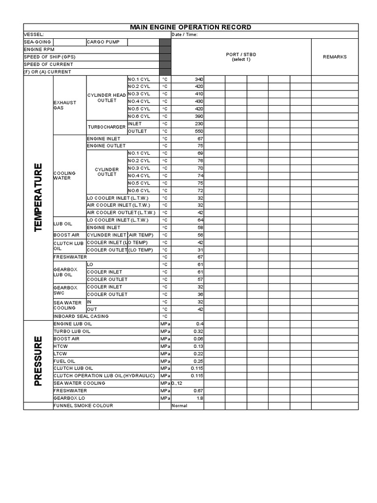 Main Engine and Aux Engine Operation Log | PDF | Turbocharger | Vehicles