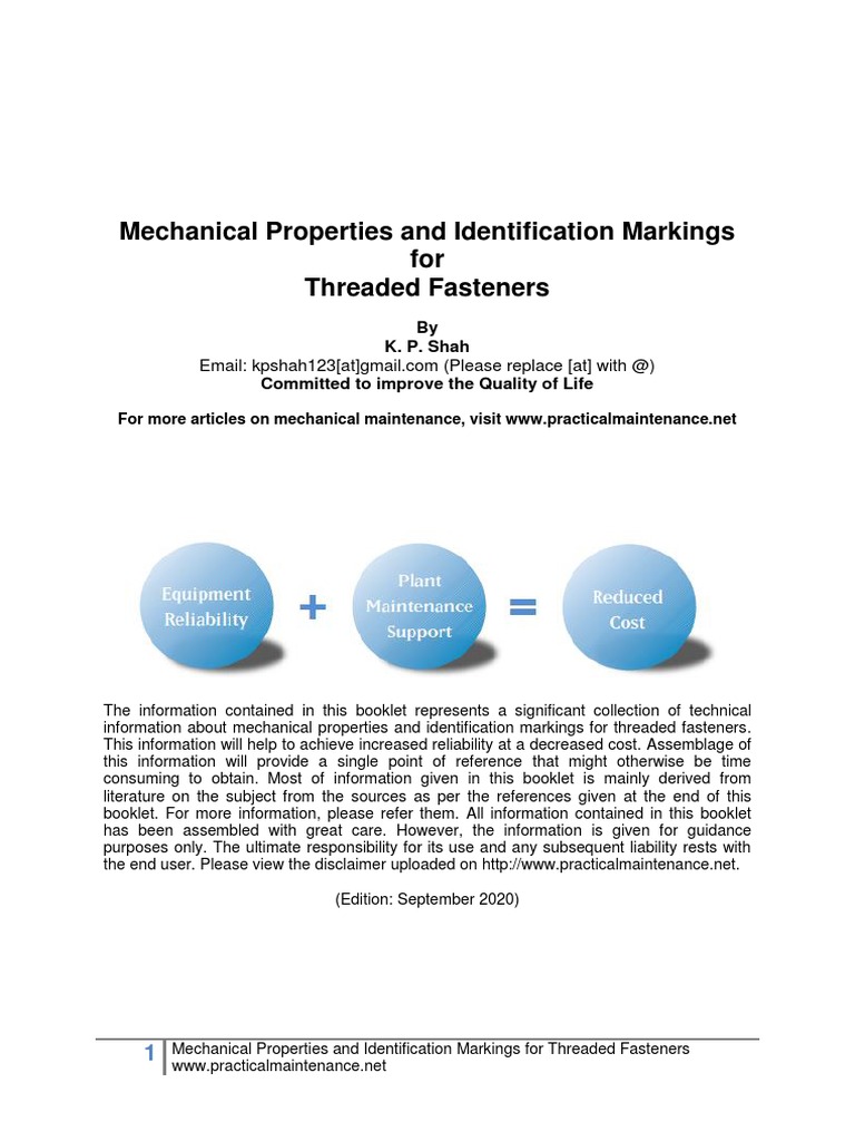 Mechanical Properties and Identification Markings For Threaded Fasteners PDF PDF Screw