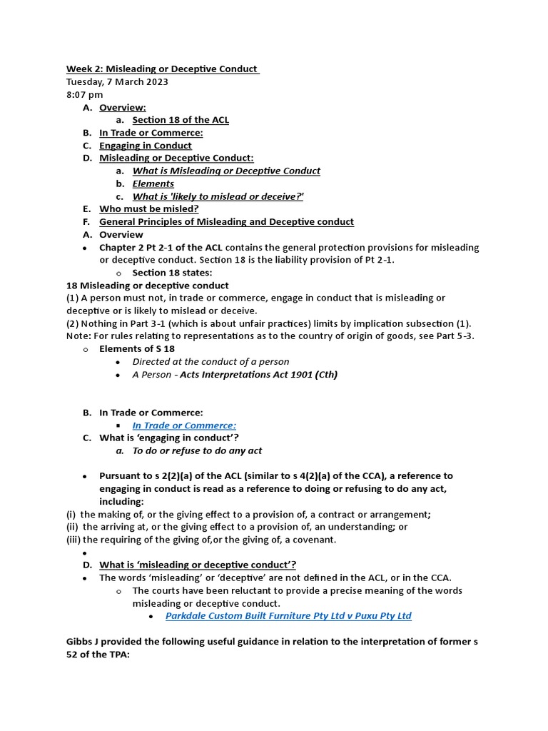 Week 2 Misleading or Deceptive Conduct | PDF | Deception | Truth