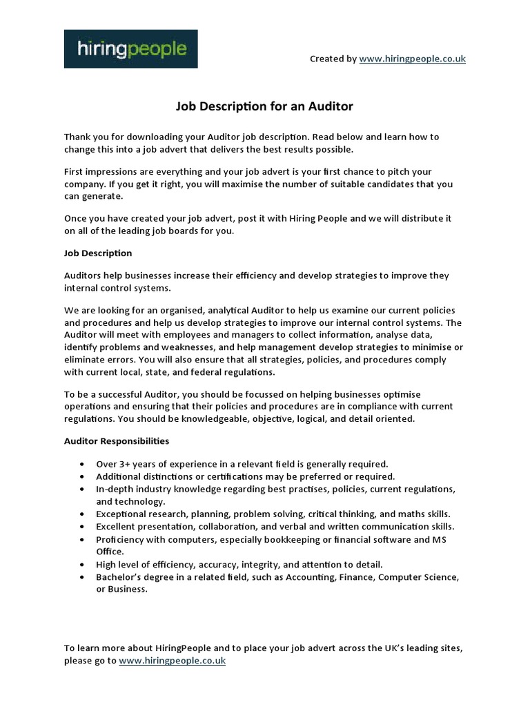 Auditor Job Description Guide | PDF | Business
