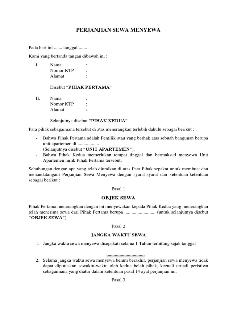 Perjanjian Sewa Apartemen Lengkap | PDF | Hukum
