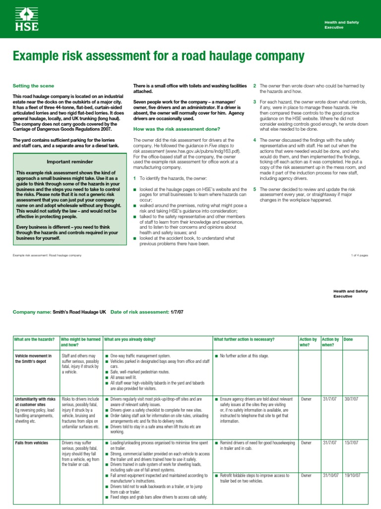 Risk Assessment for Road Haulage | Occupational Safety And Health | Driving