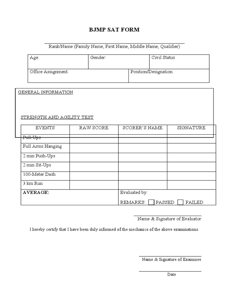 BJMP Strength and Agility Test Form | PDF