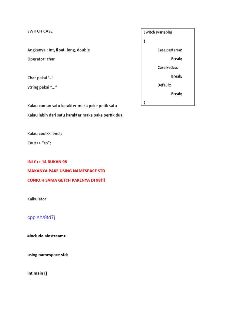 Panduan C++: Switch Case dan Looping | PDF