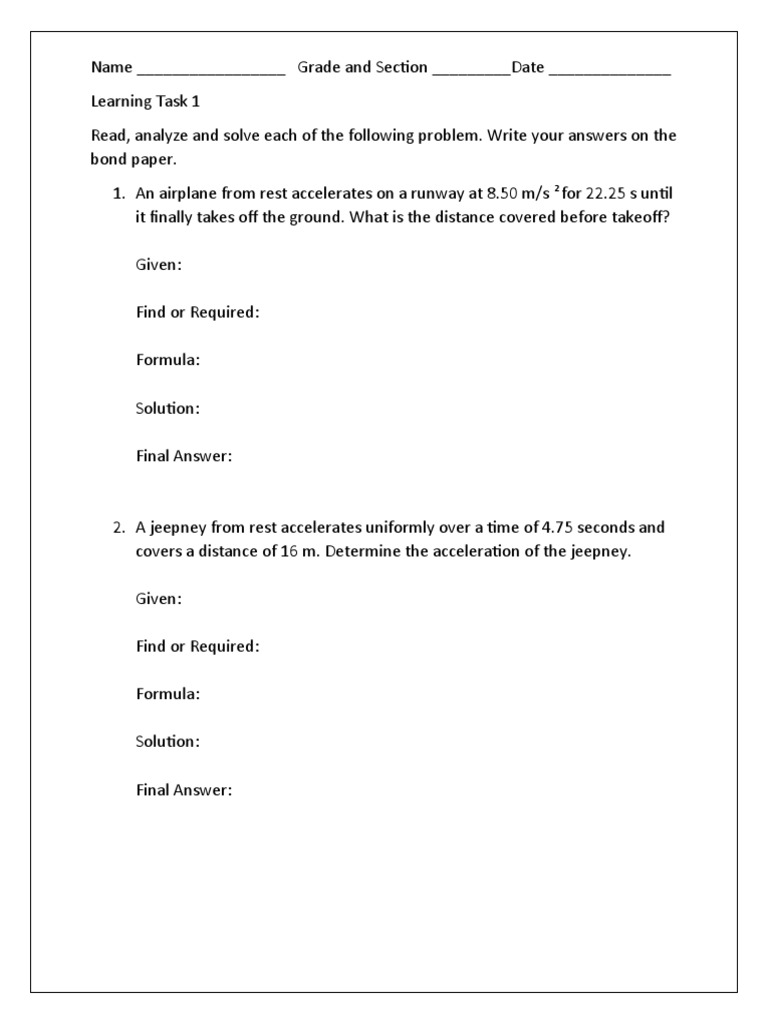 Physics Acceleration Problems Worksheet | PDF
