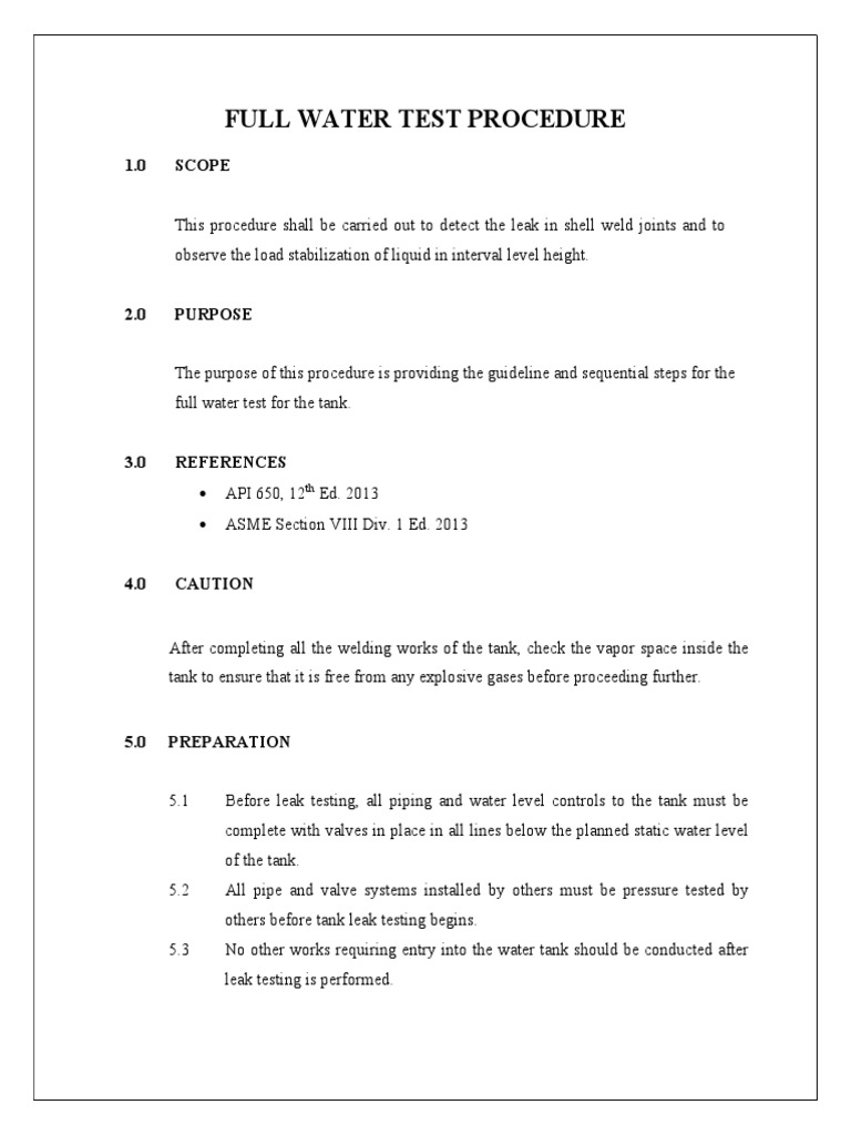 Full Water Test Procedure for Tanks | PDF