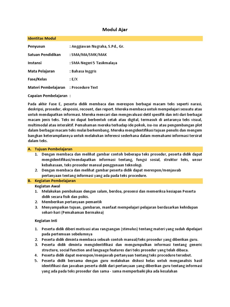 Modul Ajar Procedure Text - Anggiawan Nugraha PDF | PDF