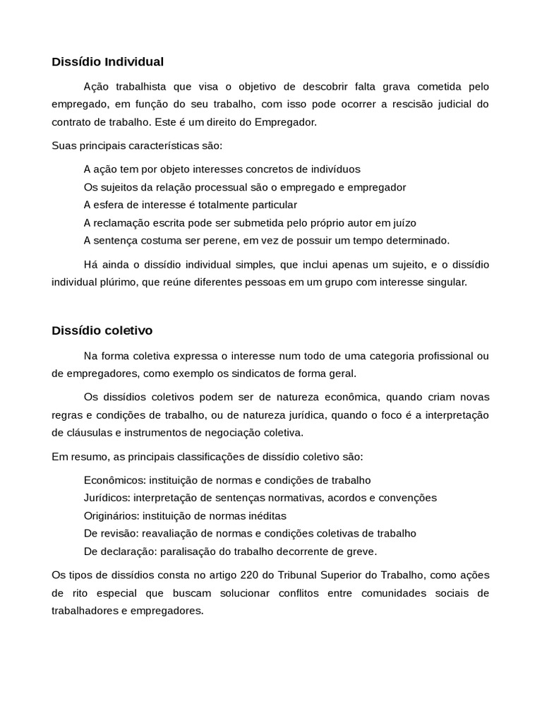 Dissídio Individual e Coletivo no Trabalho | PDF | Direito