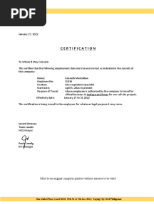 Certificate of Employment - Kenneth TRAVEL AUTH