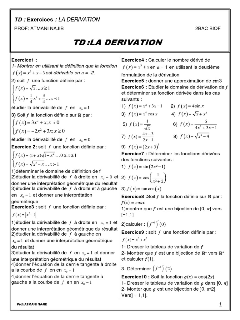 Exercices de Dérivation 2 Bac | PDF
