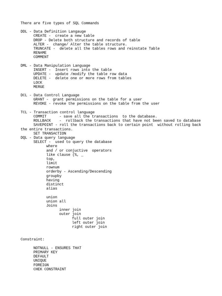SQL Commands Cheat Sheet | PDF