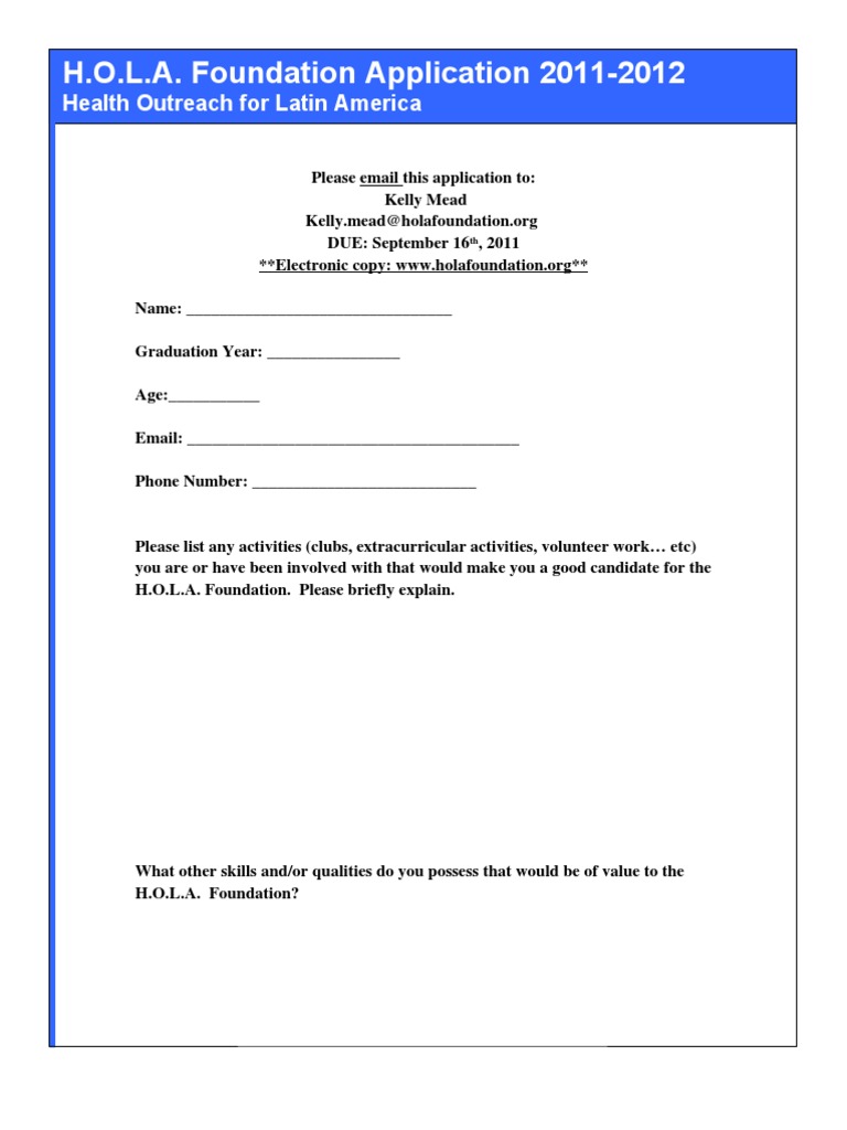 H.O.L.A. Foundation Application 2011-2012 | PDF | Career & Growth ...