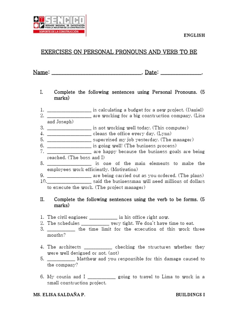 Personal Pronouns and Verb "To Be" Exercises | PDF | Framing ...