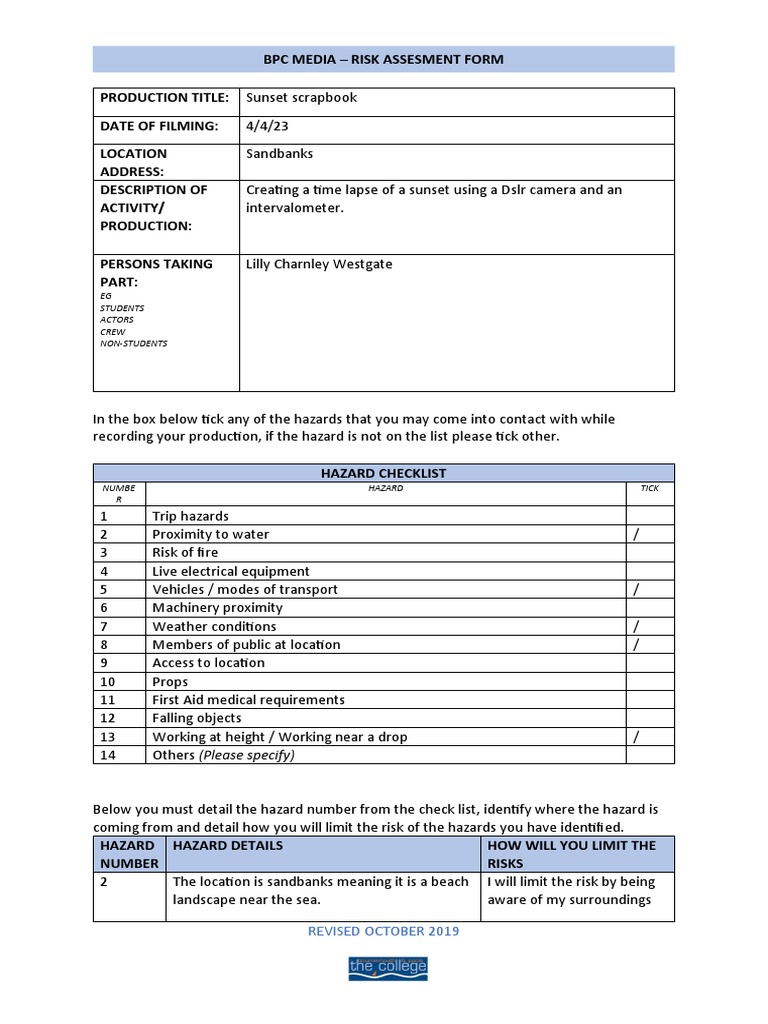 Sandbanks BPC Risk Assesment PDF Safety