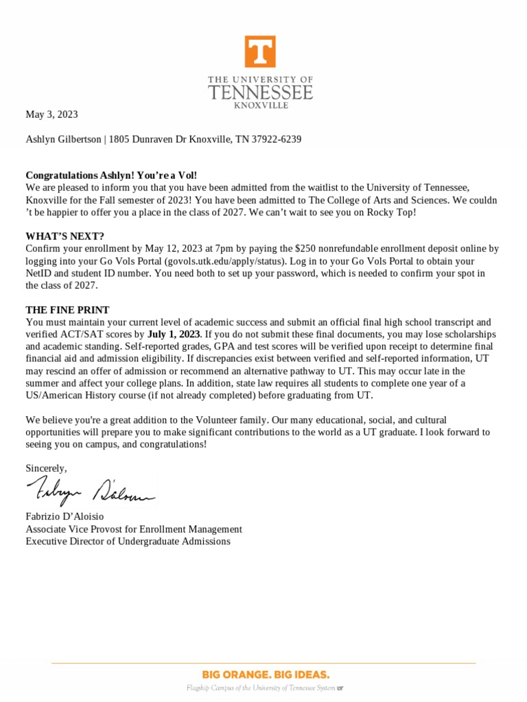 utk admission letter PDF