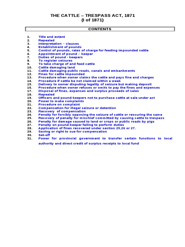 The Cattle Trespass Act, 1871 PDF PDF Detention (Imprisonment) Fine (Penalty)
