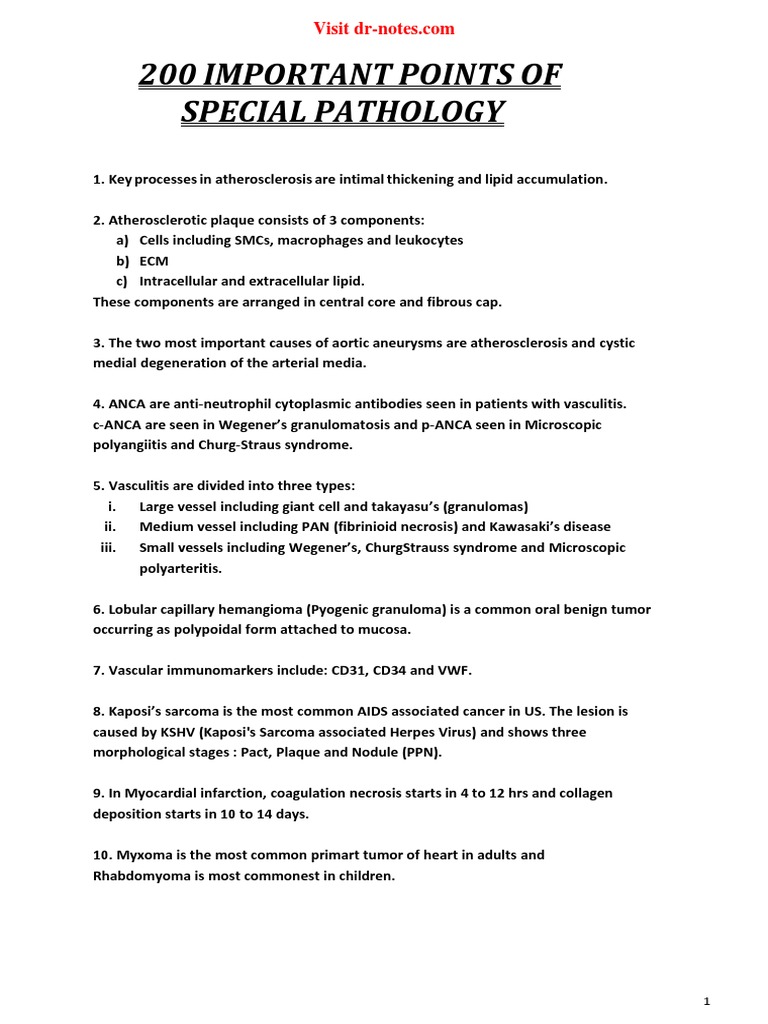 200 Important Points of Special Pathology - DR Notes | PDF