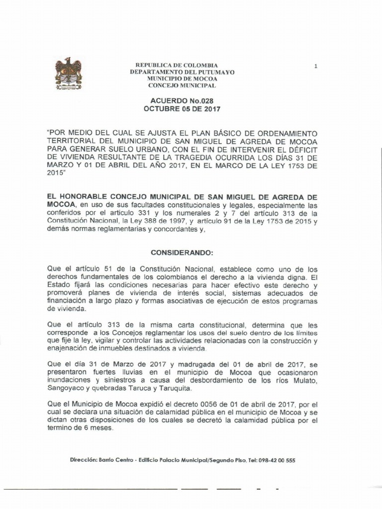 Acuerdo N°. 028 Oct de 2017 Mocoa PDF | PDF