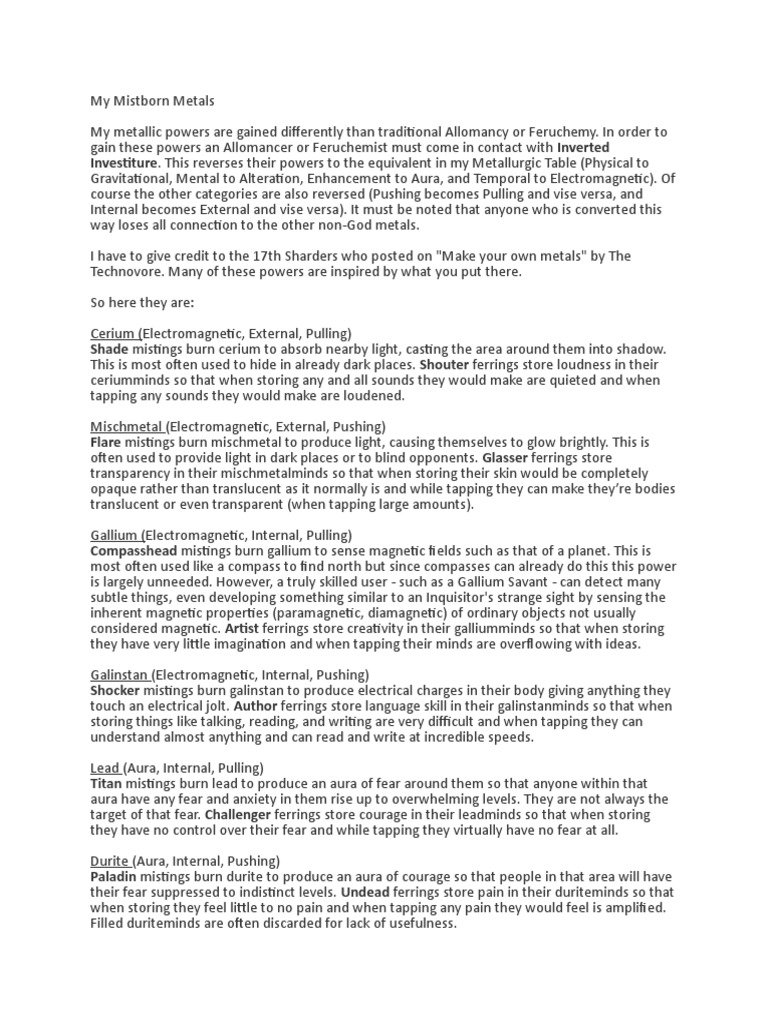 My Mistborn Metals PDF Gravity