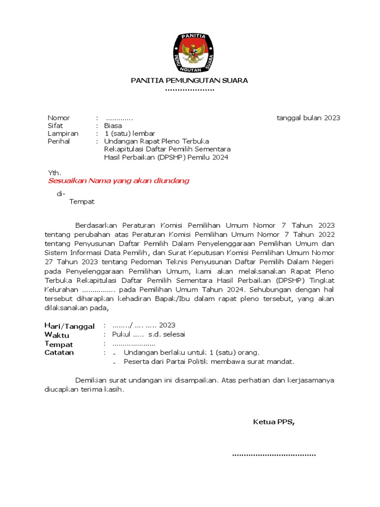 Undangan Rapat Pleno DPSHP Pemilu 2024 | PDF