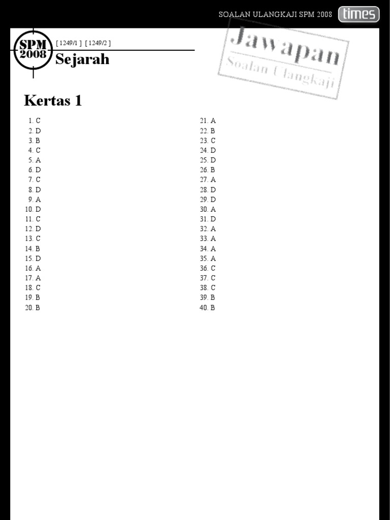 Spm 1249 2008 Sejarah K1 K2 Jawapan