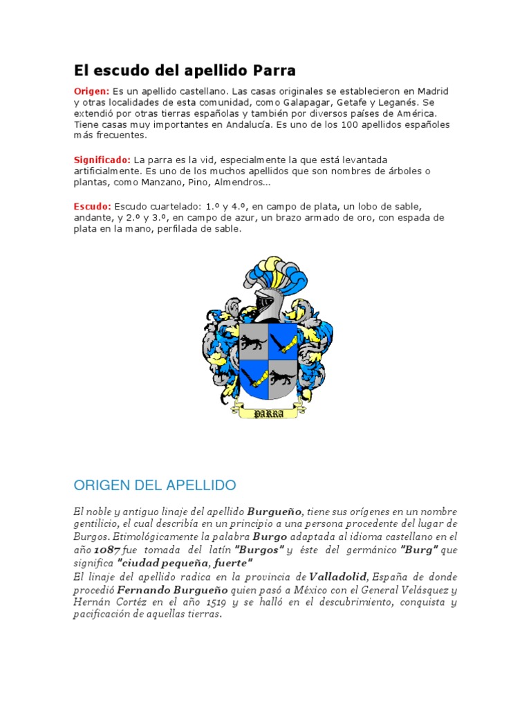 El escudo del apellido Parra y el Burgueño