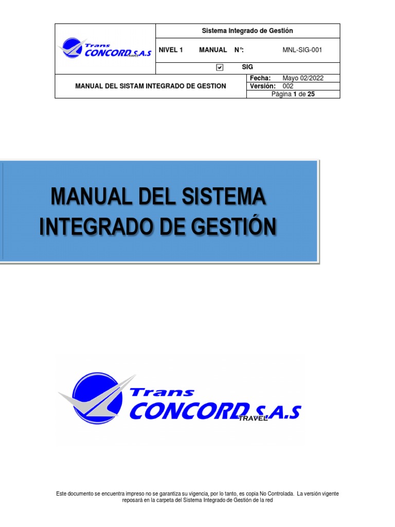 MNL-SIG-001 MANUAL DEL SISTEMA INTEGRADO DE GESTIÓN.pdf | PDF
